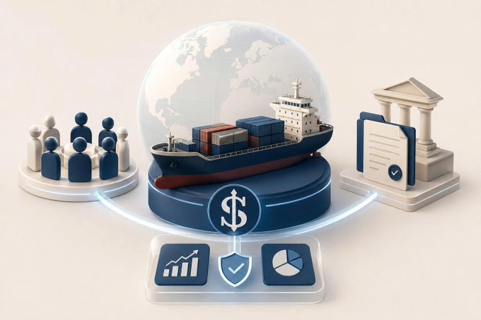 A 3D illustration showing a cargo ship on a globe, surrounded by icons representing people, a dollar sign, a government building, a document, and data analytics charts, symbolizing global trade and finance.