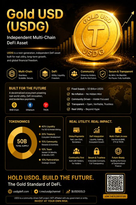 The image features a poster or flyer with a gold coin at its center, which has the text "Gold USDC" written on it. The background of the image is black, making the gold coin stand out prominently. Below the coin, there are several bullet points providing information about the coin and the project it represents: "Gold USDC Independent Multi-chain Defi Asset Built for the future. Real Utility. Real Impact. Hold usdg. Build the future." The poster also includes a code that reads "posting/usdg" in the bottom right corner, which could be related to the project or used as an email address for inquiries or updates.