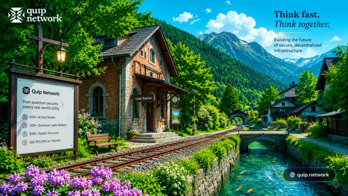Quip Network promotional image featuring a charming Alpine train station with mountains in the background, advertising 'Post-quantum security meets real-world utility' with specifications including 500+ Active Nodes, 20k+ Quantum-safe Wallets, $1M+ Assets Secured, and 160 PFLOPS on Testnet.