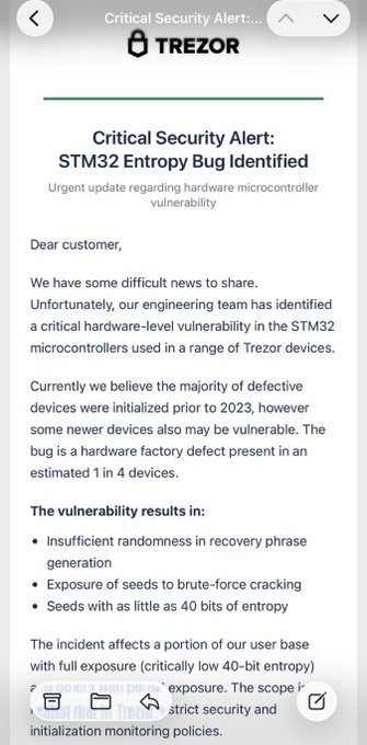 A Trezor "Critical Security Alert" email warning customers about an STM32 Entropy Bug in hardware microcontrollers used in their devices.