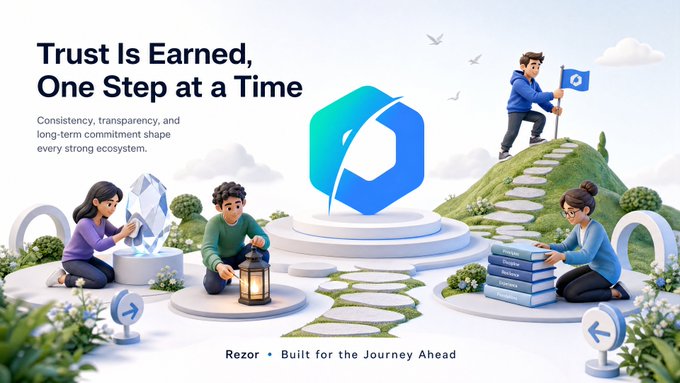 The image shows a 3D-rendered scene featuring four characters around a central blue cube logo, with the text "Trust Is Earned, One Step at a Time" and "Consistency, transparency, and long-term commitment shape every strong ecosystem," along with the tagline "Rezor • Built for the Journey Ahead." A character at the top of a staircase plants a flag bearing the Rezor logo, while others tend to a glowing crystal, hold a lantern, and stack blocks, visually reinforcing the post's message about identifying enduring crypto projects like @Rezor_Official ($RZR).