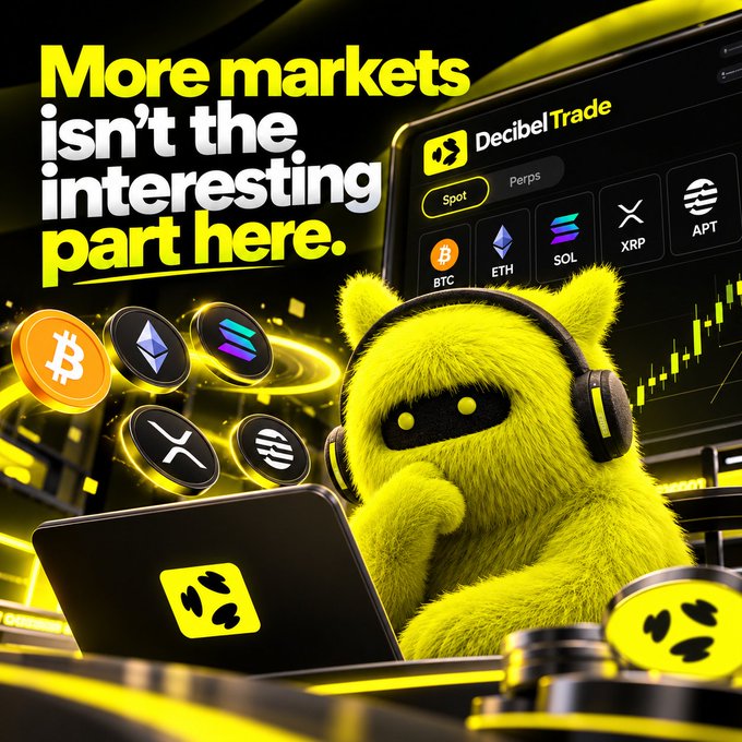 An advertisement for 'DecibelTrade' featuring a fuzzy yellow mascot wearing headphones, surrounded by cryptocurrency logos including BTC, ETH, SOL, XRP, and APT, with the text 'More markets isn't the interesting part here.'