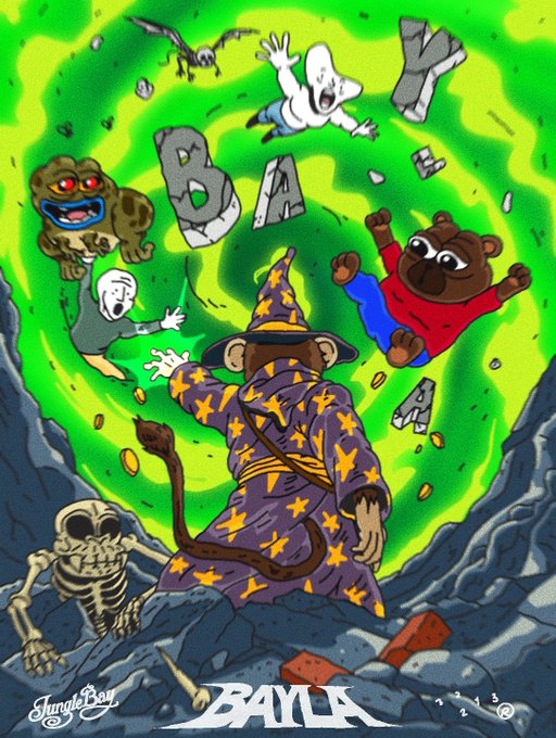 A cartoon-style illustration depicts a monkey wizard in a starry purple robe summoning a green vortex that pulls in characters labeled "BAYLA," including a ghost, a bear, a frog, and a skeleton, alongside floating coins and rocks, tying into the $BAYLA crypto token theme through chaotic, meme-driven imagery.