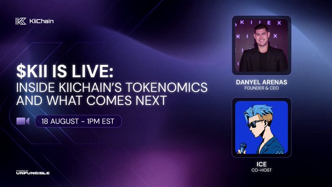 A promotional graphic for a live stream titled "$KII IS LIVE: Inside KiiChain's Tokenomics and What Comes Next," scheduled for 18 August at 1 PM EST. The image features KiiChain and Unfungible branding, along with portraits of KiiChain Founder & CEO Danyel Arenas and co-host "Ice."