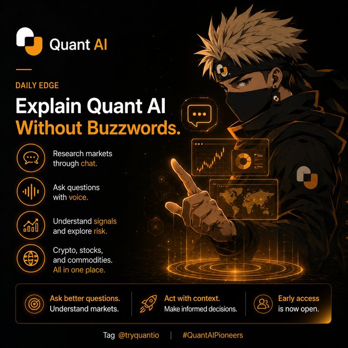 A promotional graphic for 'Quant AI' featuring an anime-style ninja character, advertising features like market research via chat, voice questions, risk signal understanding, and coverage of crypto, stocks, and commodities.