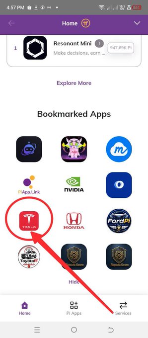 A Pi Browser screenshot showing the "Bookmarked Apps" section with the Tesla app circled in red and pointed to by an arrow, alongside other major brand apps like NVIDIA, Honda, Ford Pi, and Toyota. This visually supports the post's claim that Tesla's presence among Pi ecosystem favorites is noteworthy, appearing alongside other recognizable global brands.