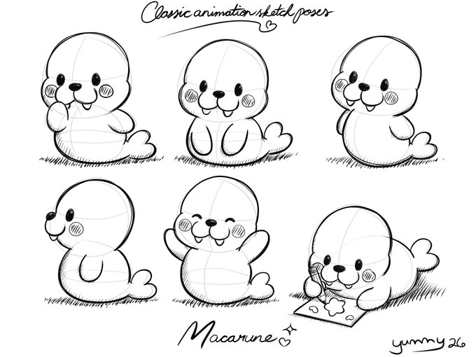 Sketch sheet titled 'Classic animation sketch poses' featuring six different poses of a cute seal-like character called 'Macarune' by artist yummy '26.