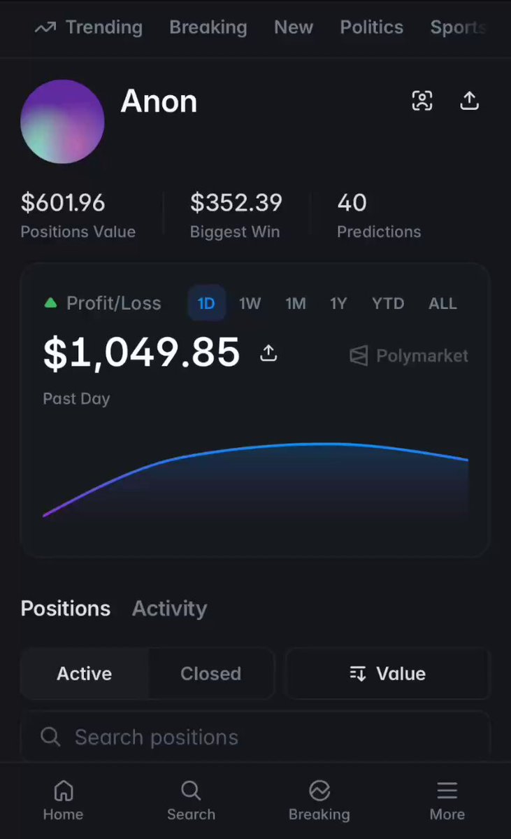 In this image, there is an overlay that provides information about a trader named "Anon" who was active during the past day. The screen displays data such as "profit(loss) positions", "activity", "closed status of active positions", and "predictors". A green circle indicates that the trading app has predicted the value will increase within 5-minutes, while a black bar shows that there were no active positions during this period. The text on the screen reads: "I found an anon trader on Polymarket Which seems to have turned 5-minute Bitcoin markets into an ATM through the formula (winrate × volatility) ÷ liquidity lag = money printer Account created yesterday but already: → 39 trades → almost no losses → over $1,000 PnL in a".