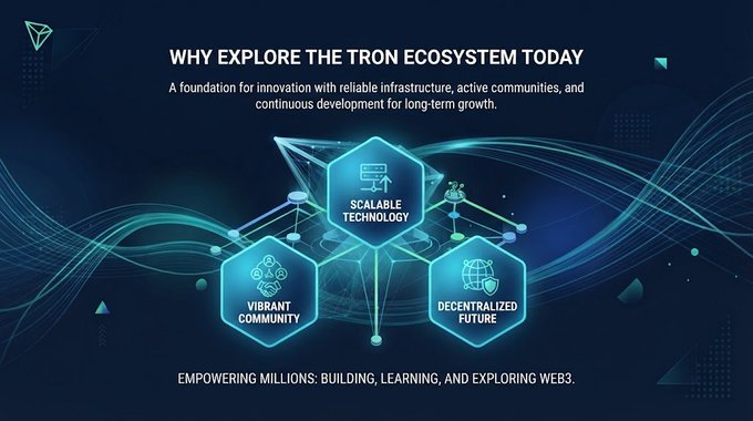 An infographic titled 'WHY EXPLORE THE TRON ECOSYSTEM TODAY' features hexagonal icons for 'SCALABLE TECHNOLOGY', 'VIBRANT COMMUNITY', and 'DECENTRALIZED FUTURE'.