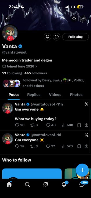 The image shows the X (Twitter) profile of "Vanta" (@vantalovsol), a verified memecoin trader and degen with 445 followers and 53 following, whose recent posts greet followers and ask "What we buying today?" The accompanying post with the Solana contract address (BakyXRTtW2cdivHrqoENQhSfaMjGLRgDudV8QSBGcKNf) appears to be a request to promote a memecoin token, likely seeking engagement or a "win" from Vanta's crypto trading audience.