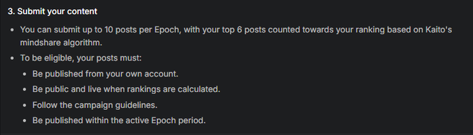 A dark-themed slide titled "3. Submit your content" outlines campaign submission rules, specifying that participants can submit up to 10 posts per Epoch with their top 6 counting toward rankings based on Kaito's mindshare algorithm, and posts must be from their own account, public and live when rankings are calculated, follow campaign guidelines, and be published within the active Epoch period. The image visually reinforces the post's point about Kaito's new spam-resistant scoring system that limits eligibility to top 6 posts out of 10 submissions.