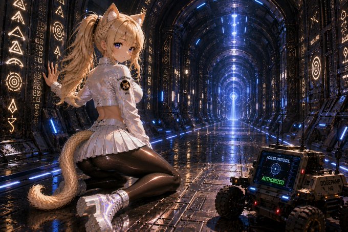 Anime-style cat-girl character with blonde twintails, white top, and pleated skirt posing in a futuristic corridor with glowing blue lights, accompanied by a small robotic rover displaying 'ACCESS PROTOCOL AUTHORIZED'.