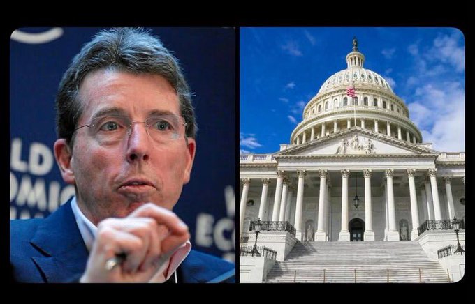 A split image showing a serious man in glasses on the left at what appears to be a World Economic Forum event, and the United States Capitol building on the right.