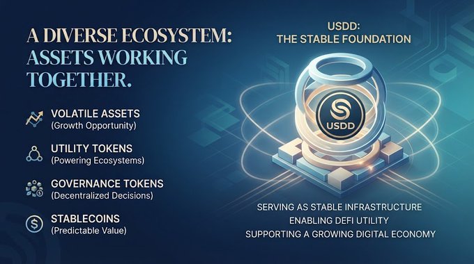 A promotional graphic titled 'A DIVERSE ECOSYSTEM: ASSETS WORKING TOGETHER' featuring USDD token imagery, listing volatile assets, utility tokens, governance tokens, and stablecoins.