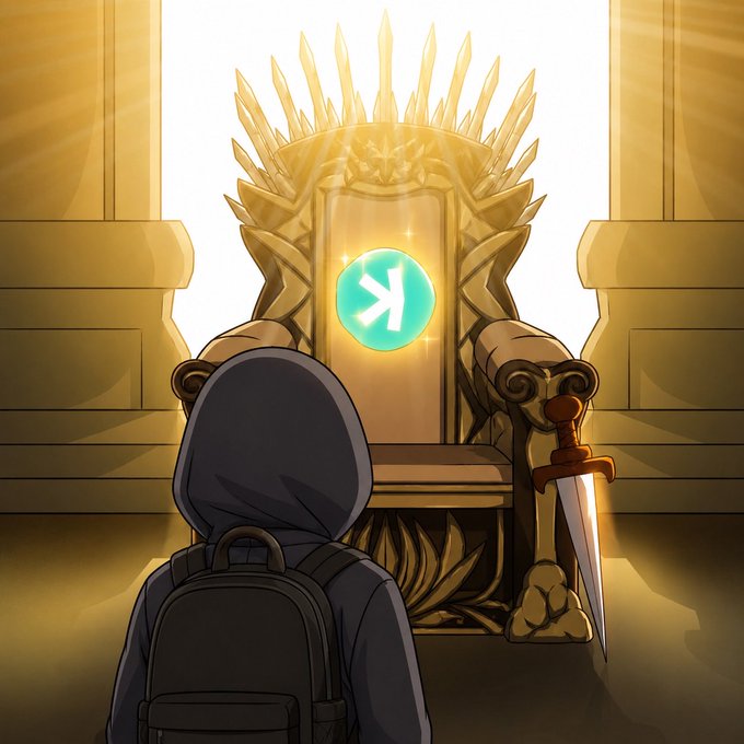 A hooded figure with a backpack stands before a glowing golden throne adorned with swords, with a teal "K" symbol (representing the Kaspa $KAS cryptocurrency logo) displayed prominently on its backrest, symbolizing $KAS as the supreme ruler of blockchain technology. A dagger rests against the throne, reinforcing the post's bold claim that "$KAS technology is unmatched."