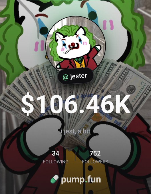 A social media profile for '@jester' shows '$106.46K' over a background of cash and a Joker-like cartoon, with 34 following and 752 followers on pump.fun.