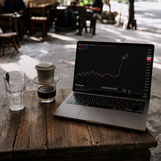 A laptop displaying TradingView charts sits on a weathered wooden table alongside a glass of water and a Vietnamese-style coffee filter, with blurred figures at an outdoor café in the background.