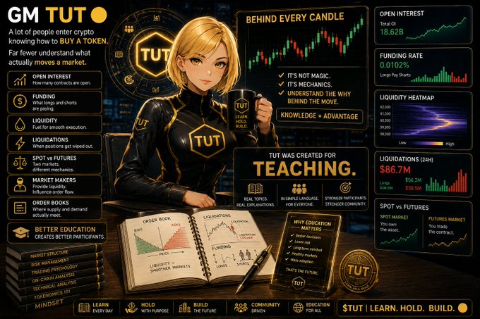 A stylized infographic featuring a blonde woman in a "TUT" jersey surrounded by crypto market education concepts, including an open interest chart at 18.62B, a funding rate of 0.0102%, a liquidity heatmap, and $86.7M in 24H liquidations, with the tagline "TUT WAS CREATED FOR TEACHING." 

The image visually reinforces the post's message about understanding the behind-the-scenes market mechanics—like open interest, funding, and liquidations—that move every candle, positioning TUT as an educational platform for learning crypto trading fundamentals.
