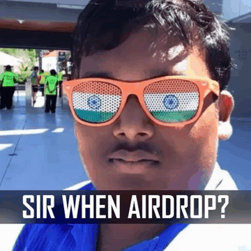 A young man wears orange sunglasses featuring the Indian flag, with a meme caption "SIR WHEN AIRDROP?" The image humorously captures the impatient anticipation of crypto airdrops referenced in the post, where users are eagerly waiting for token rewards from major projects like MetaMask, OpenSea, Polymarket, Base, Kraken Ink, and Abstract, most of which remain unfulfilled or delayed.