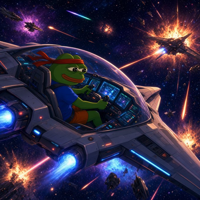 A digitally rendered Pepe the Frog character wearing a red headband and blue shirt pilots a futuristic spaceship cockpit through an epic outer space battle scene with explosions and enemy vessels.