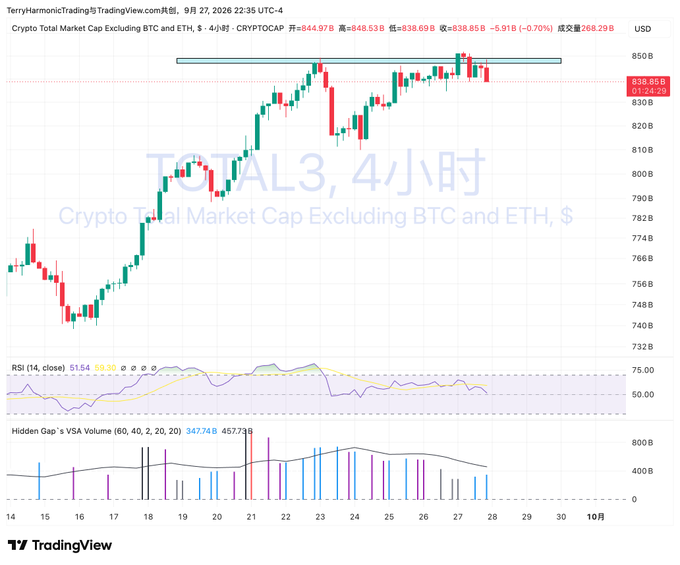 A TradingView 4-hour chart labeled 'TOTAL3' (Crypto Total Market Cap Excluding BTC and ETH) trading around 838.63B, with RSI at 51.64 and Hidden Gap volume indicator below.