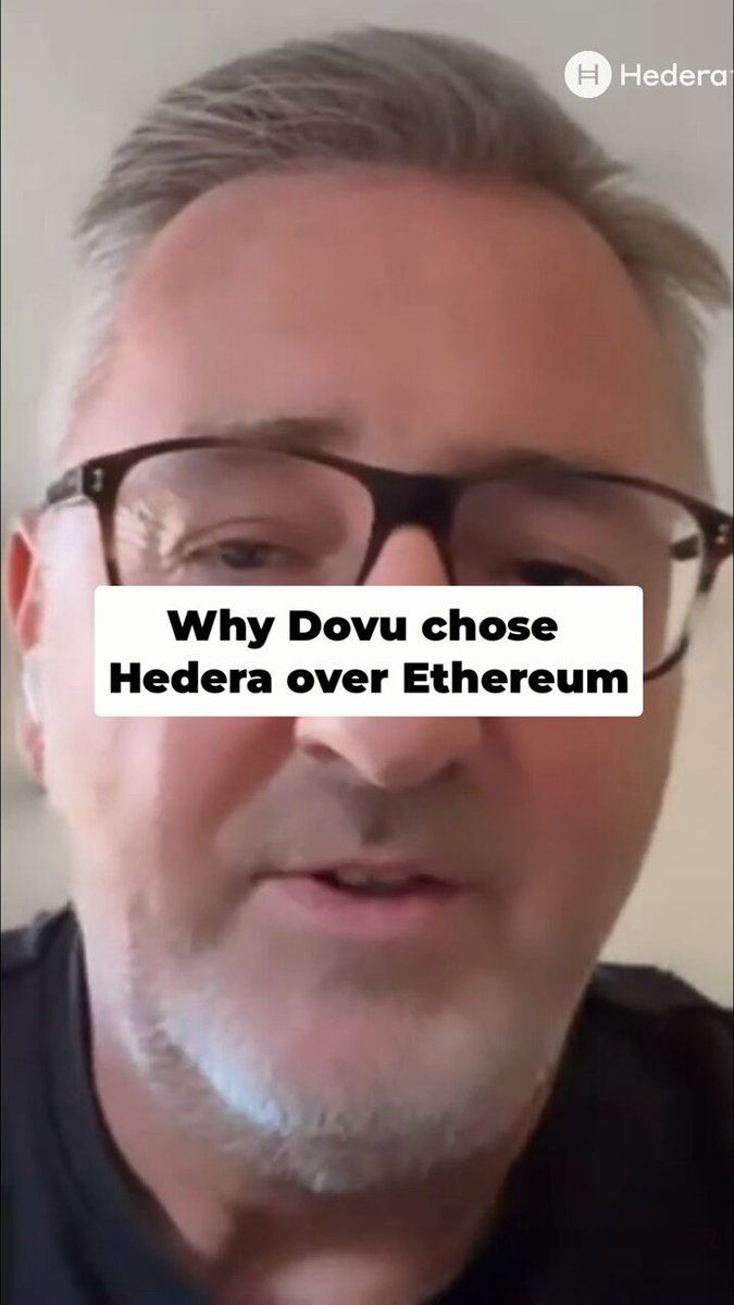 The image features a man wearing glasses with his face displayed prominently against a gray background. The caption below him reads "Why Dovu chose Hedera over Etherium", which seems to be related to the content of the image or the context surrounding it.
