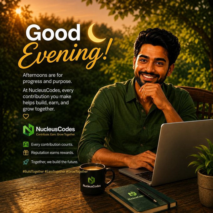 A 'Good Evening!' promotional graphic for 'NucleusCodes' featuring a smiling man with a laptop, with text reading 'Afternoons are for progress and purpose. At NucleusCodes, every contribution you make helps build, earn, and grow together.'
