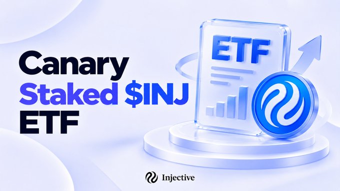 An advertisement for the 'Canary Staked $INJ ETF' on Injective, featuring a 3D blue ETF document graphic with an upward arrow.