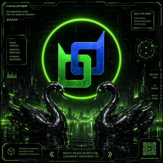 A promotional poster for GenLayer featuring its green and blue logo with mechanical black swans, text including 'GENLAYER ADJUDICATION LAYER FOR THE AGENTIC ECONOMY' and 'TRUST VERIFIED. DISPUTES RESOLVED. ECONOMY UNLOCKED.'