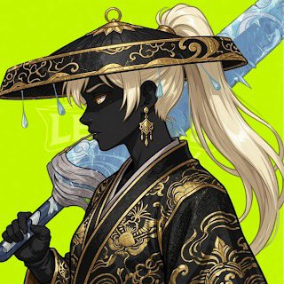 An anime-style illustration of a dark-skinned character with blonde hair in a ponytail, wearing an ornate black and gold Asian-inspired outfit and a wide-brimmed hat with dangling ornaments, holding a staff.