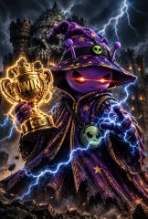 A digital illustration of a purple-robed figure with glowing eyes, a staff topped with a glowing green orb, and a golden crown, standing amidst lightning and a dark, gothic landscape.