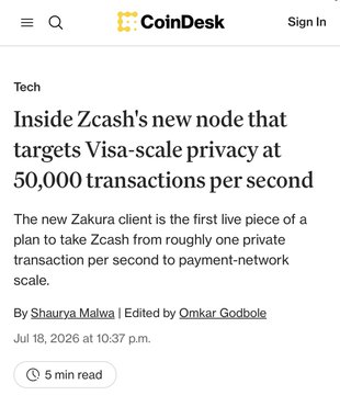 A CoinDesk article titled "Inside Zcash's new node that targets Visa-scale privacy at 50,000 transactions per second" explains how the new Zakura client aims to scale Zcash from one private transaction per second to payment-network-scale throughput, aligning with the post's highlight of Zcash's scaling breakthrough.