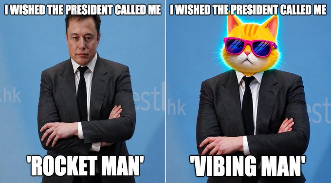 The image shows a man dressed in a suit, sunglasses, and a tie with his arms crossed, posing for two different versions of himself - one where he has been called "the President" by someone else and another version where he is described as "Vibing Man". The caption below the images reads "When the President calls him “ Rocket Man” but you’re out here living your best life as “Vibing Man”".