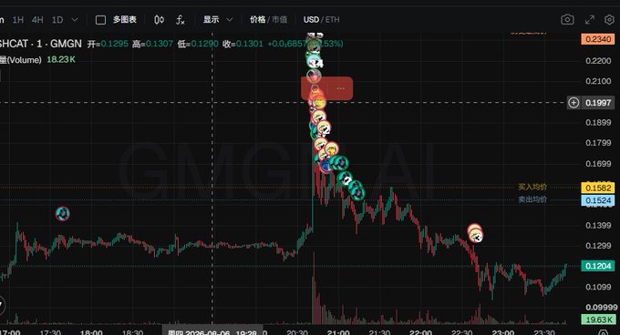 A cryptocurrency trading chart displays the $CAT/$HCAT (Cash Cat) trading pair on the GMGN platform, with a current price of 0.1295 USD/ETH and a sharp price spike peaking around 0.2340 before pulling back to 0.1204. The chart, showing a 1H timeframe with visible buy/sell entry points at 0.1582 and 0.1624, illustrates the volatile price action referenced in the post about Cash Cat failing to reach new all-time highs despite trader interest.