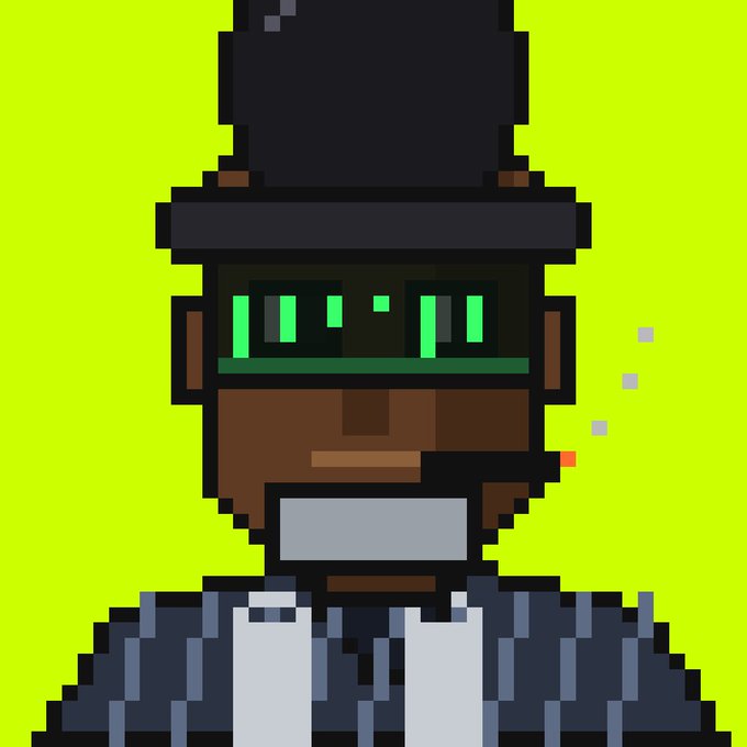 A pixel art portrait of a dark-skinned character wearing a top hat and a grey suit with green glowing rectangular eyes against a bright yellow background.