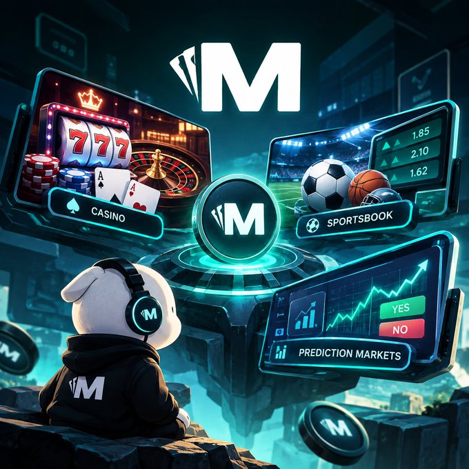 A promotional graphic for 'M' showing a sheep mascot in headphones with three screens labeled 'CASINO,' 'SPORTSBOOK,' and 'PREDICTION MARKETS' featuring slot machines, sports balls, and charts.