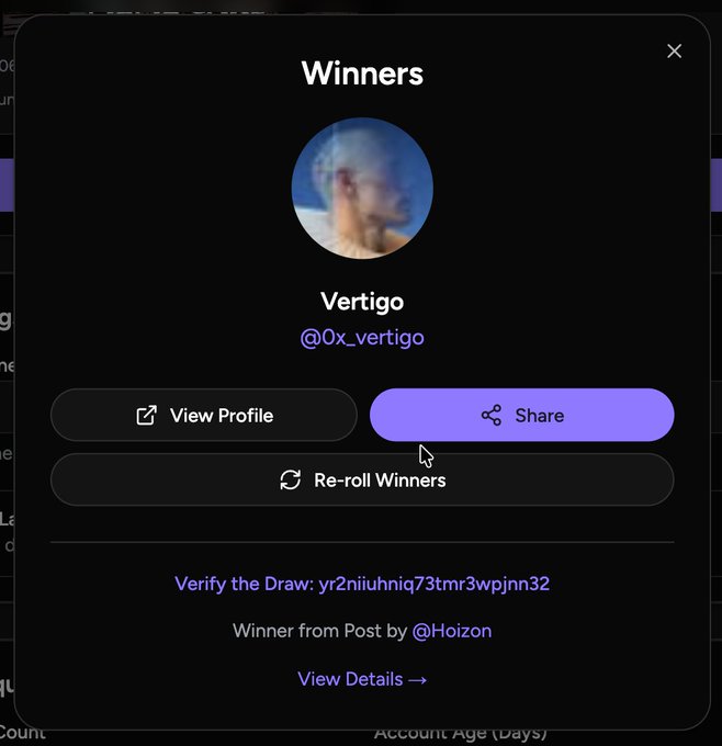 The image shows a social media post that has been shared by multiple people, including @0x_vertigo. The post features a profile picture of a person with a blue background and white text. The post includes a message from @0x_vertigo congratulating the winner of a drawing competition on Twitter. The post also mentions that the winner's account is named @0x_vertigo, which is a reference to the person who won the contest.