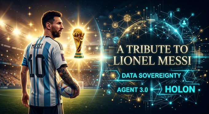 A digital graphic tribute features soccer player Lionel Messi in his Argentina jersey with the World Cup trophy, alongside text reading 'A TRIBUTE TO LIONEL MESSI', 'DATA SOVEREIGNTY', 'AGENT 3.0', and 'HOLON'.