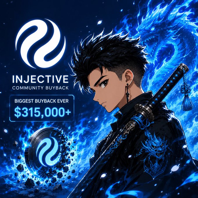 In the image, there is a guy with a sword standing next to a round coin with a blue flame design on top of a black background. The man has his hair styled into an intricate updo. Above them, a banner displays information about an injective buyback and the cost involved, which is $315,000. There are also multiple texts in white that explain how this purchase works to the left side of the image.