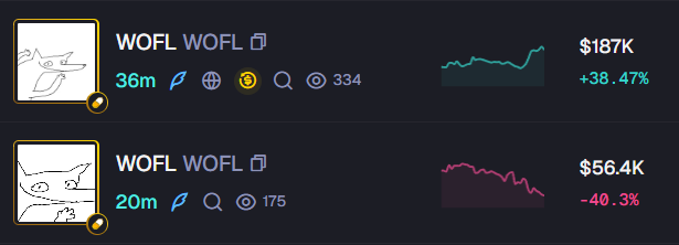 The image shows two competing "$WOFL" memecoins displayed side-by-side on what appears to be a trading platform, with one (36m) up 38.47% to $187K and the other (20m) down 40.3% to $56.4K, visually illustrating the "insane PvP" rivalry between the older token and the newer cashback version mentioned in the post.