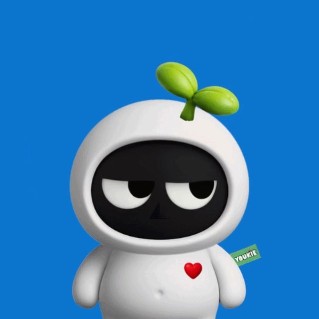 A 3D-rendered cartoon mascot character with a black face, half-closed eyes, a green sprout on its head, and a red heart on its chest against a bright blue background, with a small 'YOUKU' tag visible.