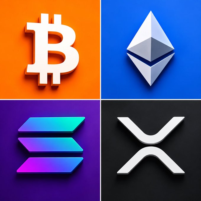 A four-panel grid displaying cryptocurrency logos: Bitcoin (orange), Ethereum (blue), Solana (purple/gradient), and XRP (black).