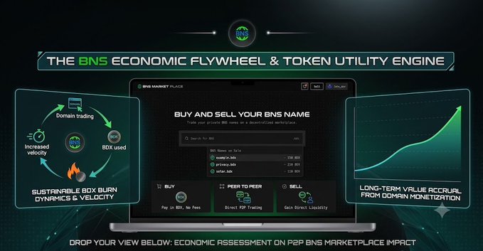 A digital presentation slide titled 'THE BNS ECONOMIC FLYWHEEL & TOKEN UTILITY ENGINE' showing a laptop interface for a P2P BNS marketplace, with graphics about domain trading, BNS box burn dynamics, and long-term value accrual.