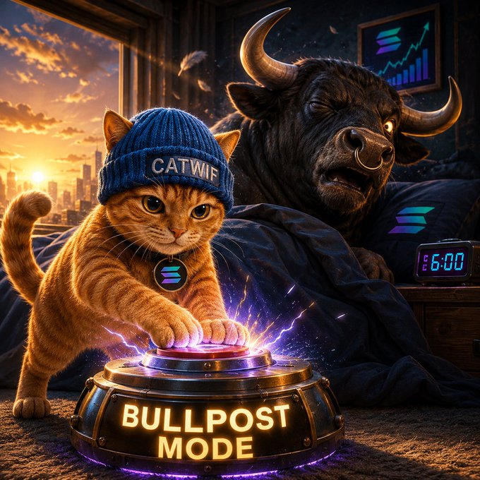 A ginger cat wearing a blue "CATWIF" beanie presses a glowing button labeled "BULLPOST MODE," awakening a snorting bull behind it—capturing the meme's idea that it's time to unleash bullish crypto momentum for $CATWIF (and $ANSEM). The dramatic sunrise and surging chart in the background reinforce the bullish wake-up call.