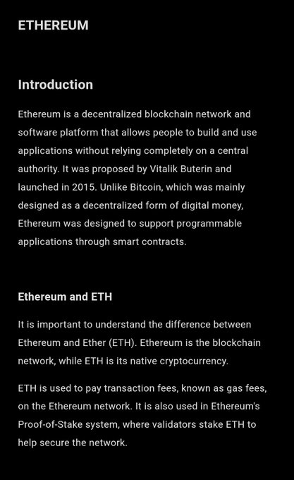 A dark-themed educational page about Ethereum, introducing it as a decentralized blockchain network proposed by Vitalik Buterin in 2015, explaining the difference between Ethereum and ETH (the native cryptocurrency used for gas fees and staking).