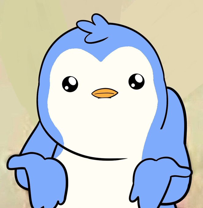 A cute cartoon blue penguin character with large eyes and an orange beak, smiling and waving against a soft yellow background.