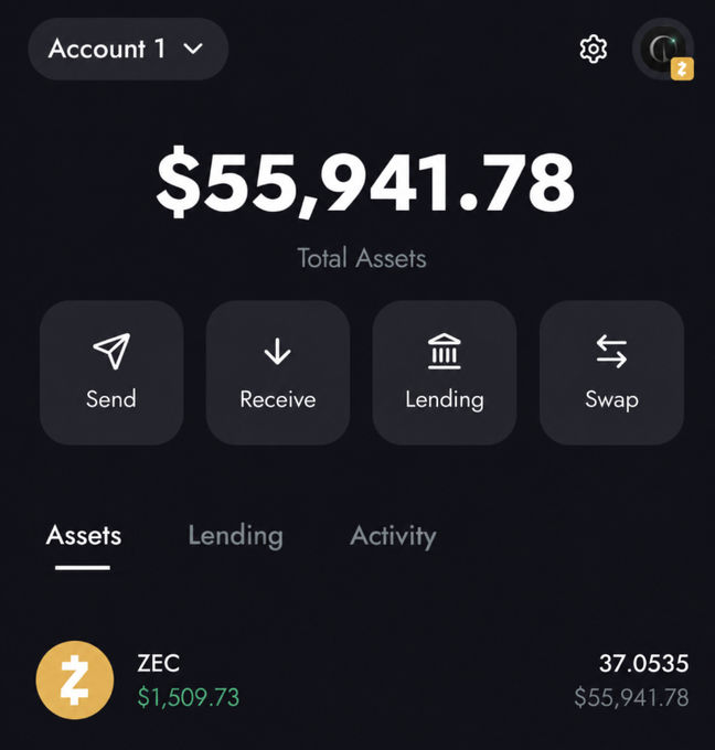 A cryptocurrency wallet interface showing Account 1 with $55,941.78 total assets, featuring Send, Receive, Lending, and Swap options, with 37.0535 ZEC valued at $1,509.73.