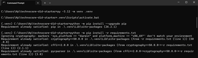 A Command Prompt window displaying Python commands for setting up a virtual environment, activating a script, and installing packages from a requirements.txt file using pip.