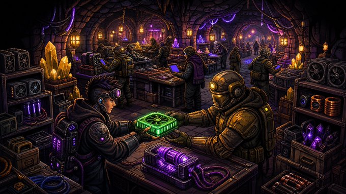 A pixel-art style scene of multiple characters in a bustling underground marketplace or workshop with purple-lit tunnels, exchanging a glowing green box amid various tech equipment, crates, and purple crystals.