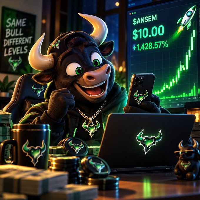 A cartoon bull mascot wearing a bull-horn hat excitedly looks at a smartphone in a dark room, with a monitor displaying '$ANSEM $10.00 +1,428.57%' and a rocket launching on a stock chart in the background, alongside merchandise featuring a green bull logo and a sign reading 'SAME BULL DIFFERENT LEVELS'.